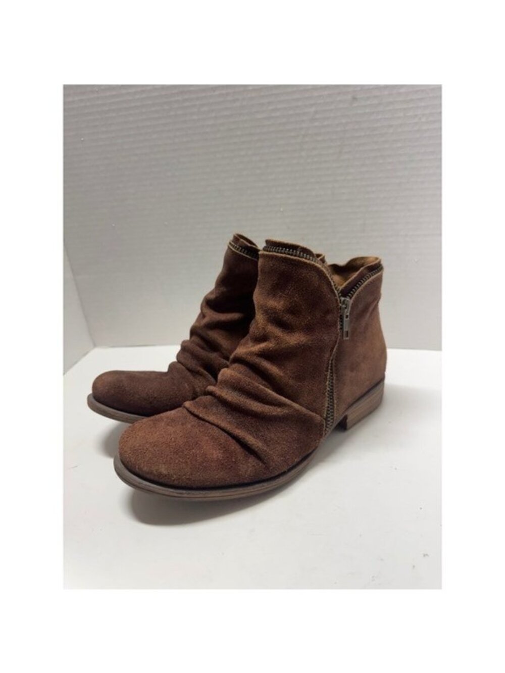 Miz Mooz Luna Brown Suede Ruched Ankle Boots Dual Zip Size 6 IB13286